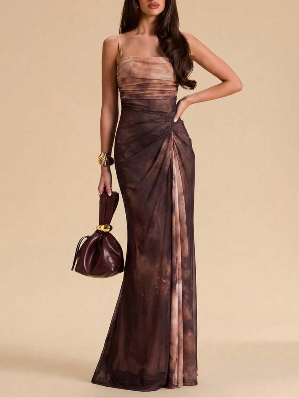 Luxe Brown Tie Dye Party Formal Evening Gown Dress